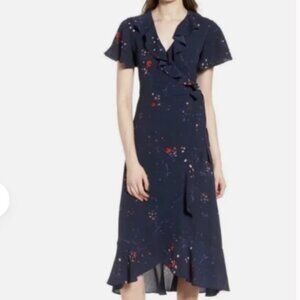 Chelsea 28 🟣​ EUC Size M Flounce Floral Print Chiffon Wrap Dress in Blue